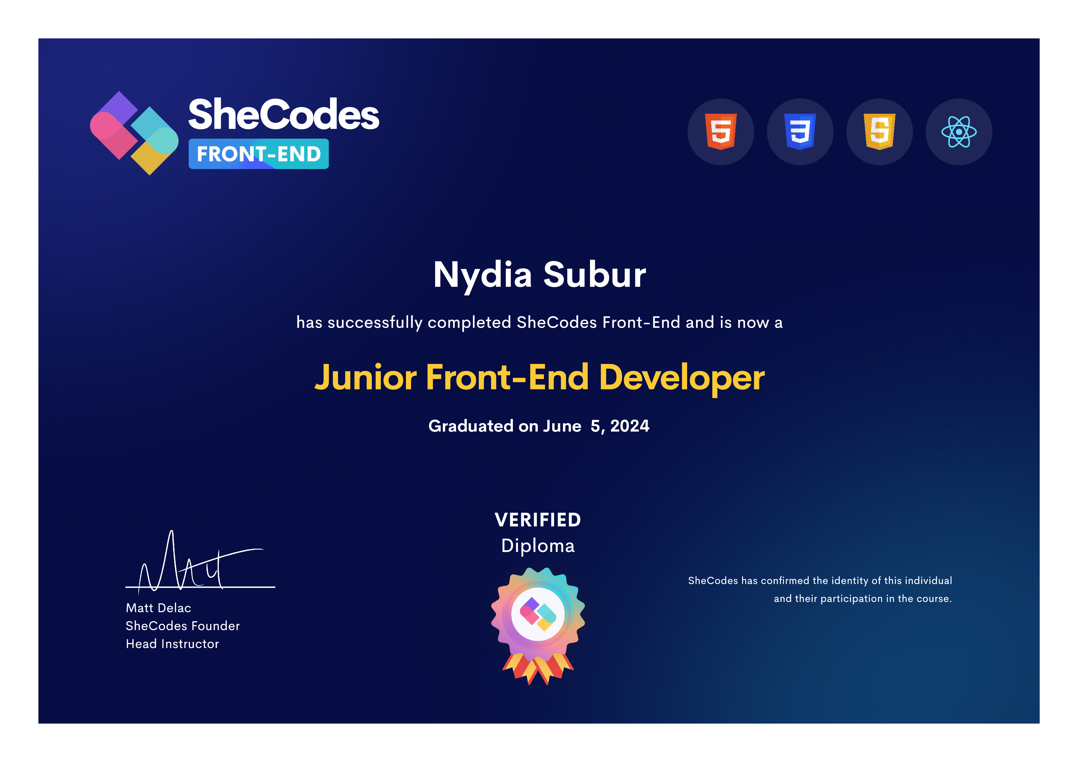  nydia's junior front-end developer certificate image